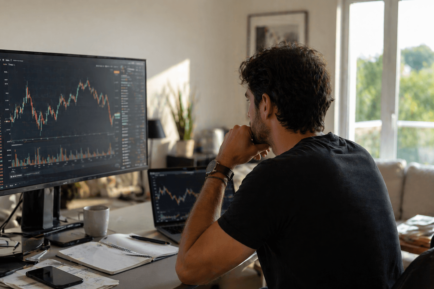 Un trader analyse les marchés depuis son bureau